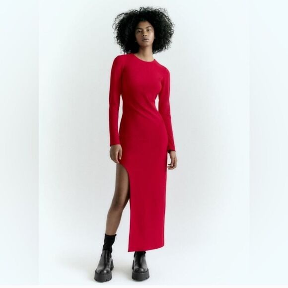 Zara Asymmetric Midi Dress Dark Red Womens Size M NWT - Picture 3 of 10